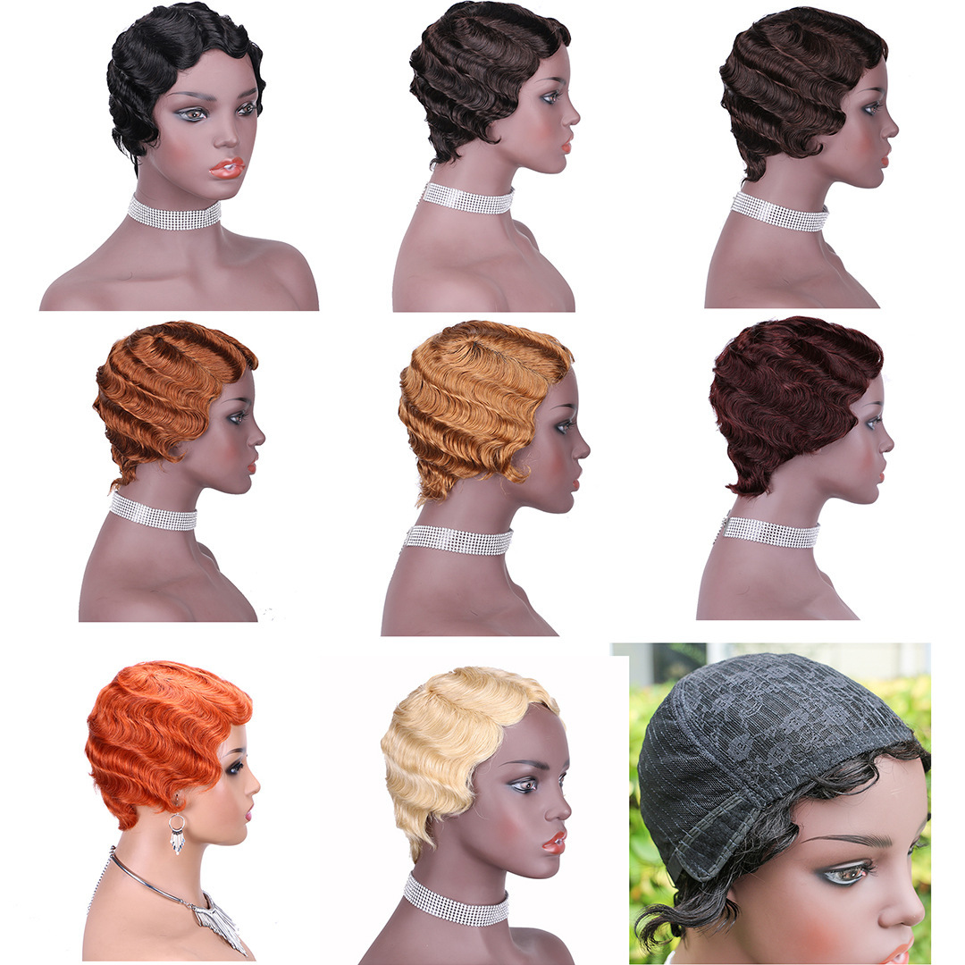 4 Inch Shanghai Wave Pixie Cut Wig - 100% Real Human Hair Machine-Made Water Wave Style, No Lace Front with Bangs, Perfect for Bold & Stylish Looks