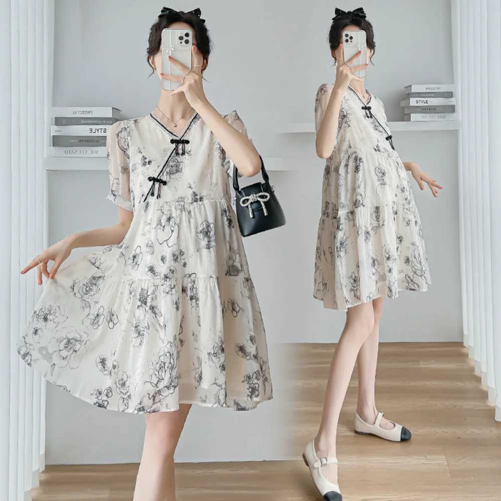 2024 Summer Fashion Maternity Clothes Pregnancy Chinese Style Dresses Short Sleeve Elegant Pregnant Woman vestidos de fotografiaT250311