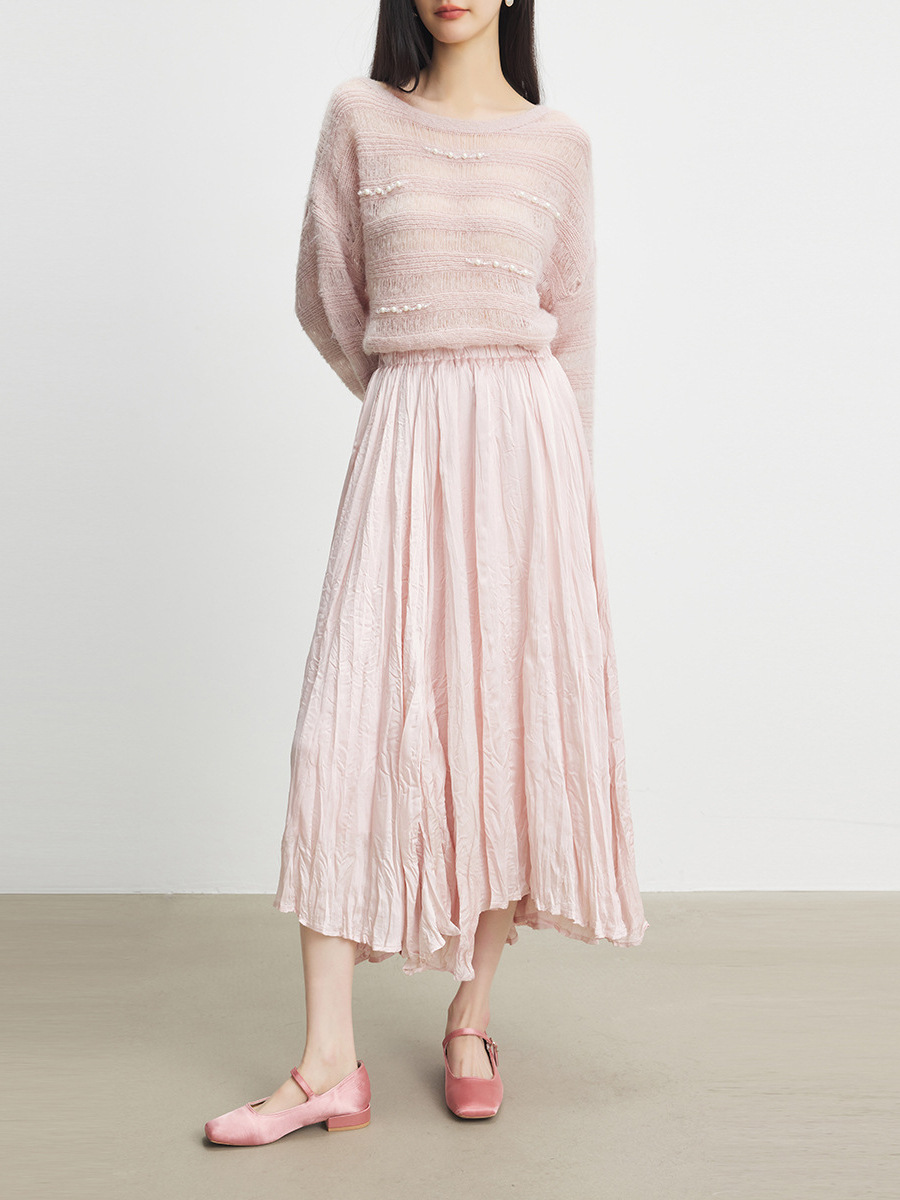 L41001 high texture pink pleated pleated skirt female a-line skirt pleated skirt long skirt