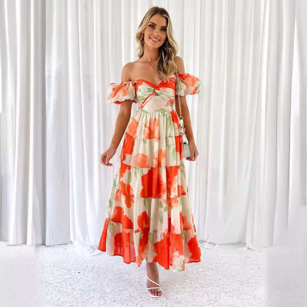 European American Spring/Summer Slimming Printed Bubble Sleeves Large Swing High end Dress for Women 2025 New Style Stylish and Elegant Clothing