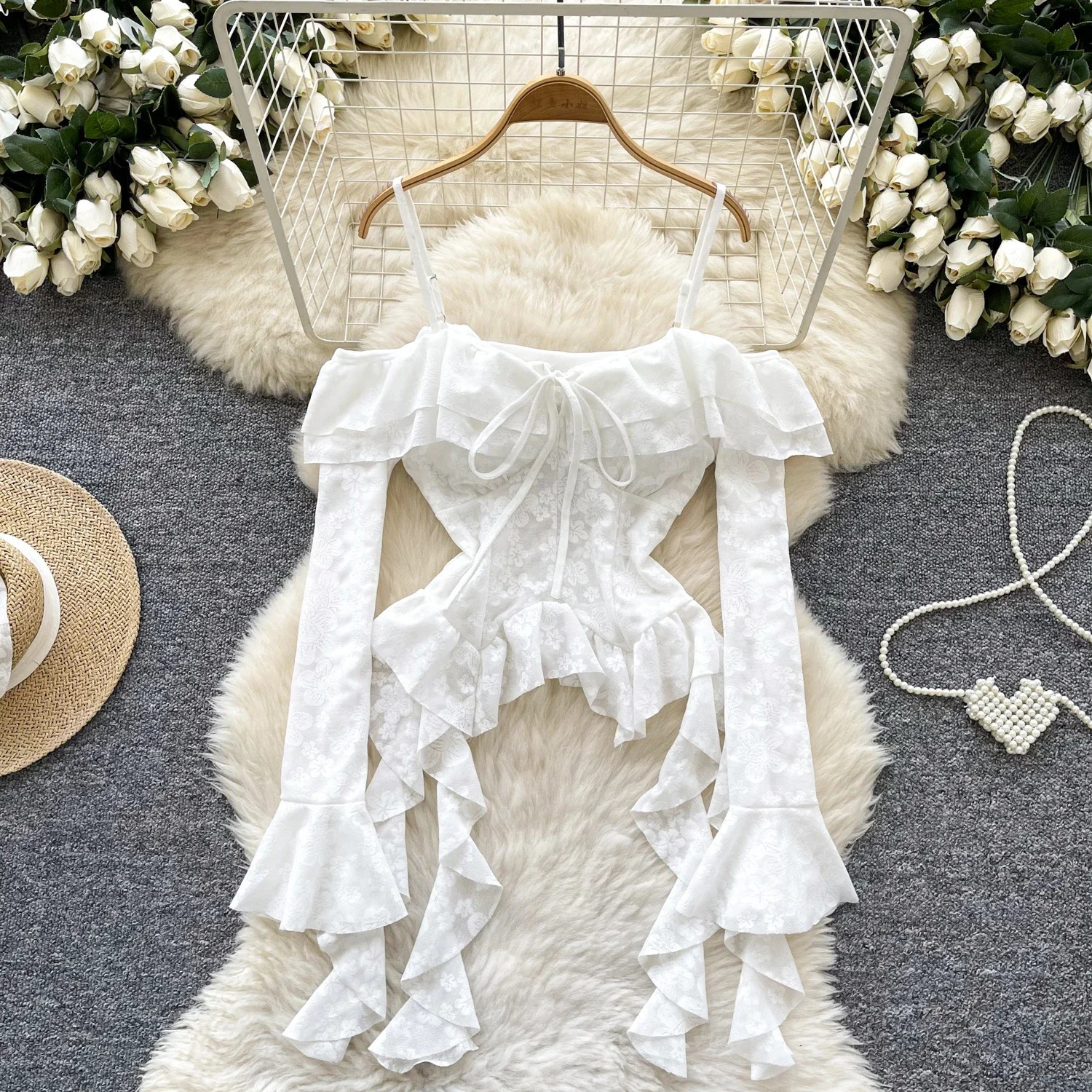 Korean Off Shoulder Sexy Blouse Female Long Flare Sleeves Ruffles Beach Shirt Summer Irregular Floral sweet Top 250311