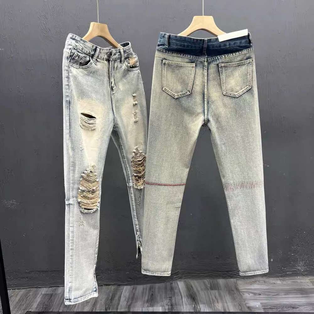 Broken Hole Slim Fit Hip hop Fashion Designer Streetwear Patchwork Jeans Elastic Gothic Pants Outdoor Casual Pants Men s Sports Pants
