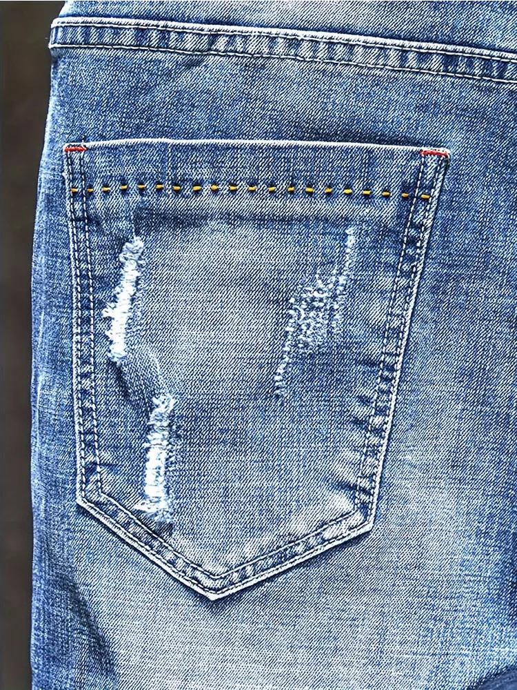 Mens Stretch Skinny Ripped Jeans Distressed Blue Denim Pants Fashion Streetwear Personality Hip Hop Trousers Male Trendy 250311