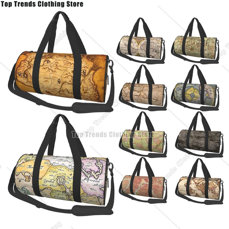 Map Retro Travel Bag Mens Fitness Handbag Cylindrical Shoulder Womens Large 250311