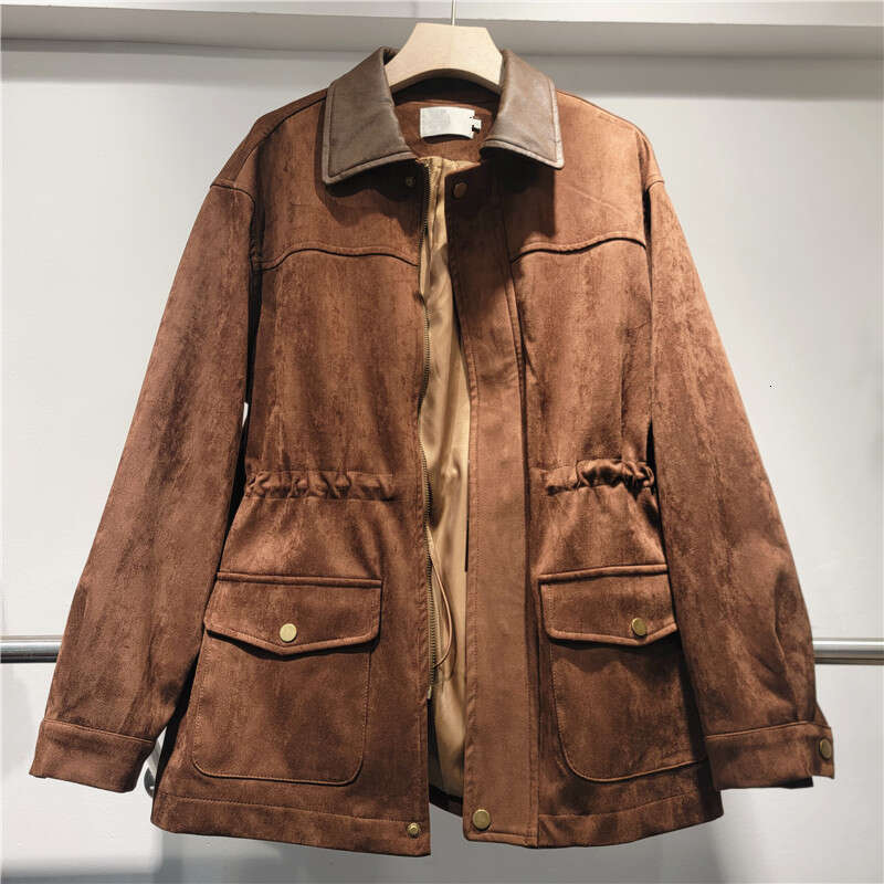 2024 Autumn New Hong Kong Edition Wind Flip Collar Zipper Loose Deer Fleece Long Sleeve Windbreaker Coat Women's Trendy