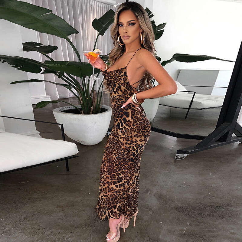 2025 European and American leopard print sexy backless lace up slim fit long dress with versatile temperament, new trendy clothing ins