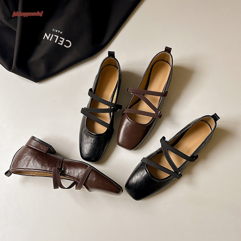Soft leather handmade for women 2024 new square toe cross strap Mary Jane French style shallow mouth single shoes ddmypanda