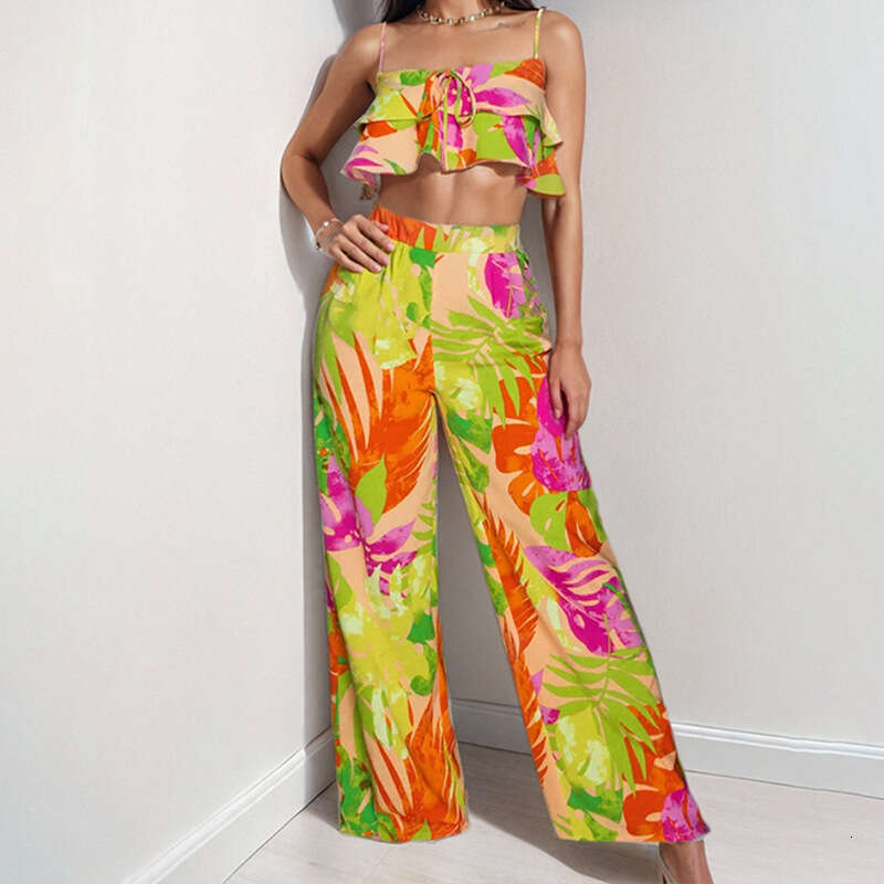 2025 Summer New Style Elegant Printed Mushroom Edge Strap Wide Leg Two Piece Set KLMY