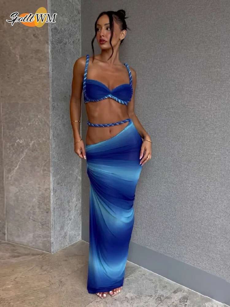 Sexy Women Summer Bikini Blue Contrast Vest Set Sleeveless High Waist Slim Fit Skirt Suit Beach Lady Chic Vacation Swimwear