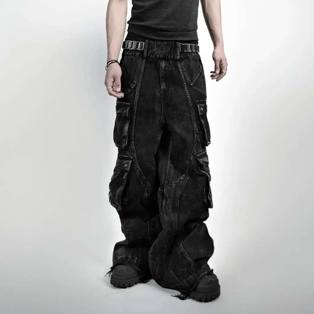 American Retro Gothic Black Y2K Washed Multi Pocket Patchwork Fringed Jeans Men s Loose Street Fashion Designer Popular Hip hop Rap Wide Leg Pants Cas