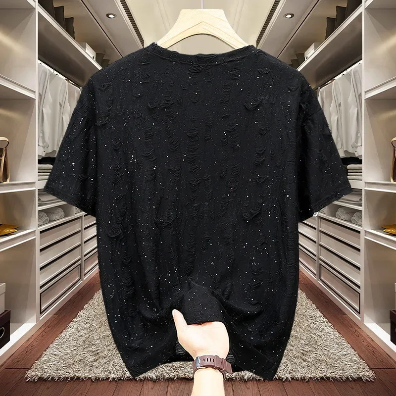 Short Sleeved T-shirt for Men 130KG Full Sky Star Diamond High Quality Casual Streetwear Tshirt O-Neck Plus Size Top 8xl 250310