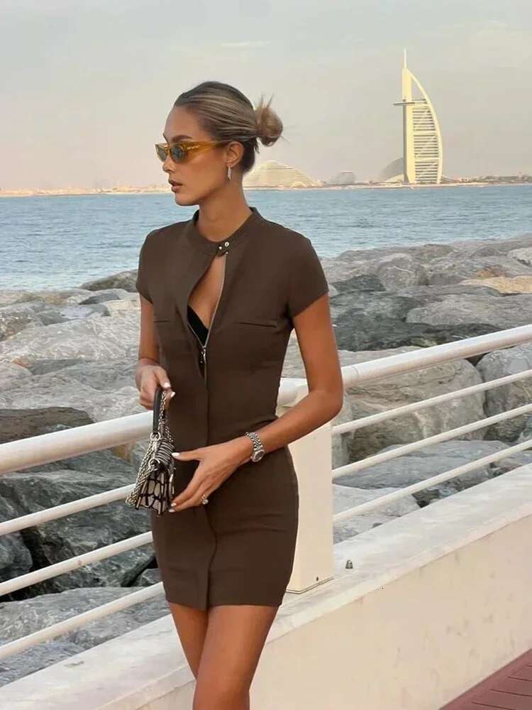 Women Fashion Zip Solid Colour Patch Pocket Hollow Elegant Slim Hip With Stand-Up Collar Short Sleeve Mini Dress