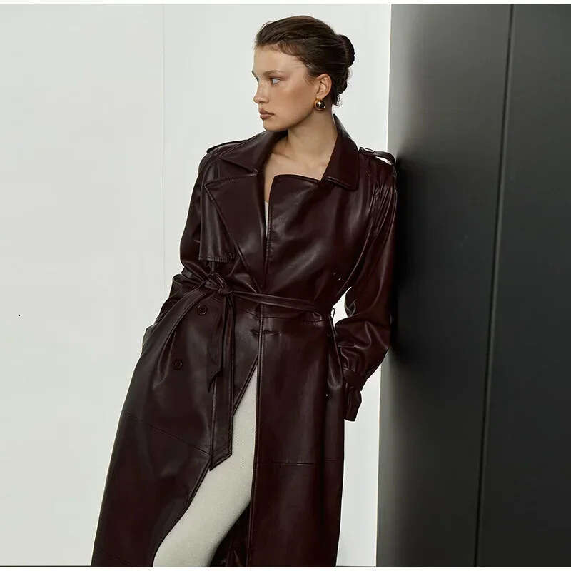 2024 Autumn Windbreaker With Elegant Temperament, PU Long Double Breasted Women's Lapel Coat