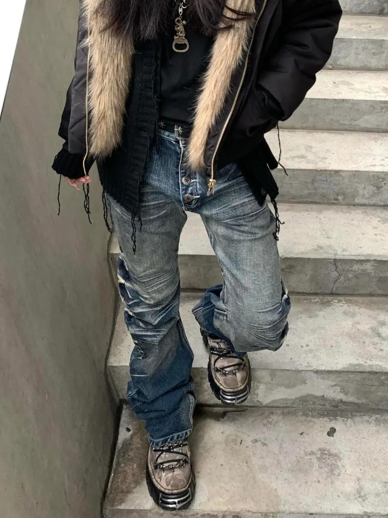 American retro Y2K cracked washed denim jeans for womens fashion niche millennium street style hiphop spicy girl loose casual straight 250311