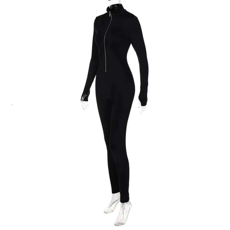 2024 Autumn/Winter Women's Deep V-Neck Zipper Back Long Sleeve Slimming Yoga Sports Stretch Street Wear Black Jumpsuit