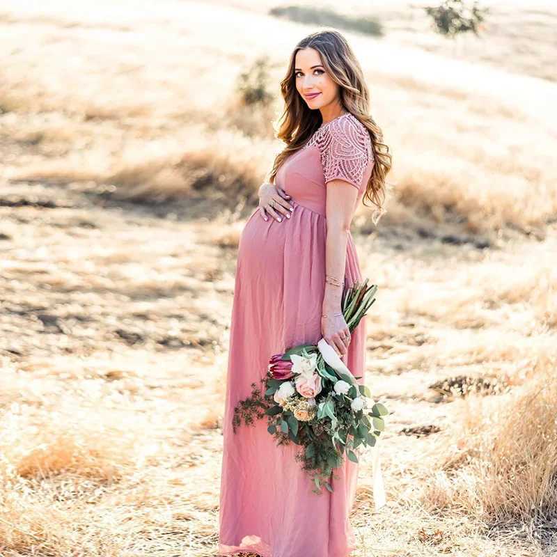Maternitys Dress Pregnancy Photography Props Dusty Pink Long Chiffon Elegant Pregnant Women Clothes Lace DressesT250311