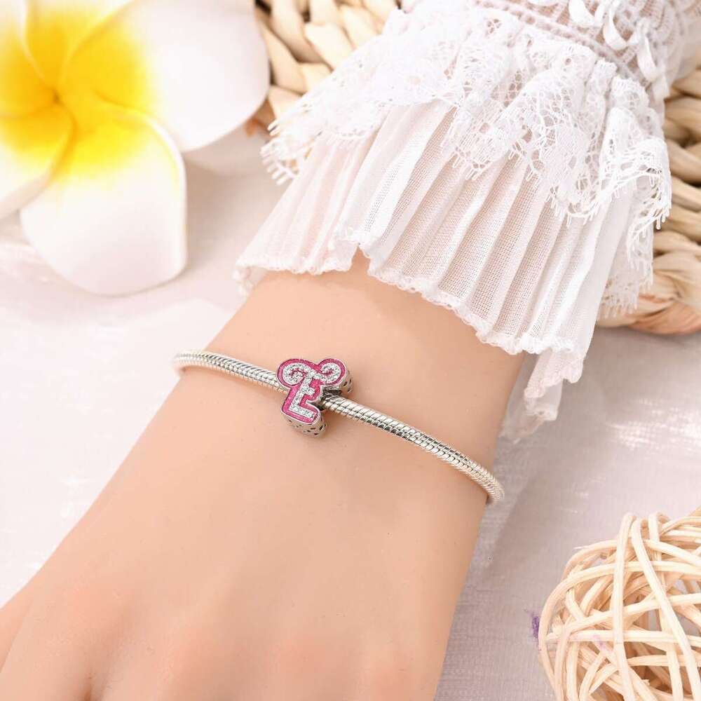 Pink English Letter Pendant Beads Charms DIY Jewelry Accessories Bracelet 925 Sterling Silver New Style For women gift