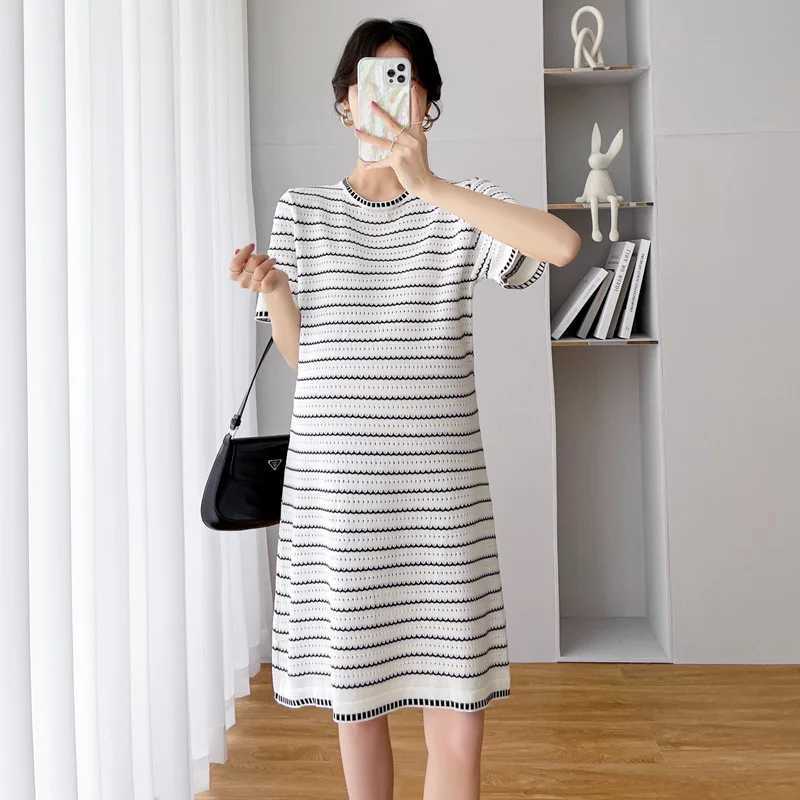 Maternity Summer Loose Fashion Striped Pleated Short Sleeve Dress Openwork Knit For Nursing Pregnant Maternity Clothes DressT250311