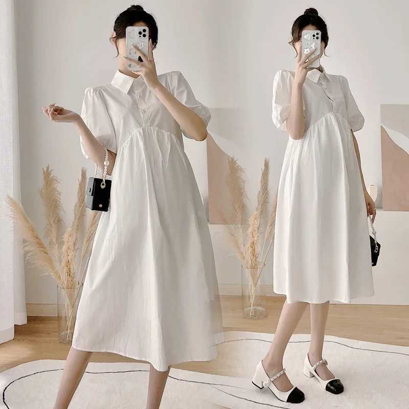 2024 Summer Turn-down Collar Puff Sleeve Pregnant Women Dress Solid Color High Waist Office Lady Elegant Dress Maternity ClothesT250311