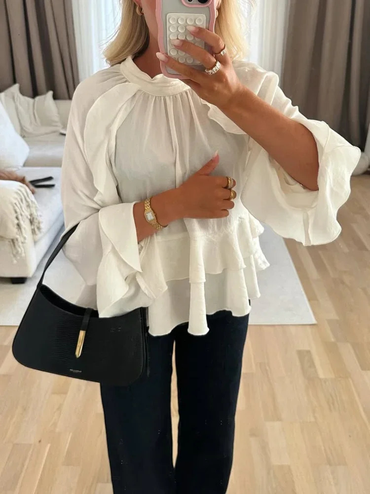 Elegant Long Puff Sleeve Female O Neck Blouses Fashion Chiffon Ruffled Shirts For Women Spring Chic Lady Tops Beachwear 250311