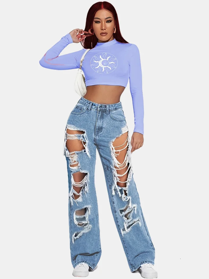 Blue high waisted straight jeans ripped holes loose fitting womens denim and clothing 250311