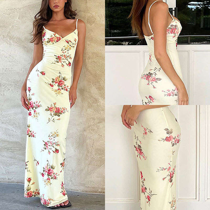 Spring 2025 Women's V-Neck Suspender Sexy Slim Fit Printed Holiday Style Long Skirt Dress KLMY
