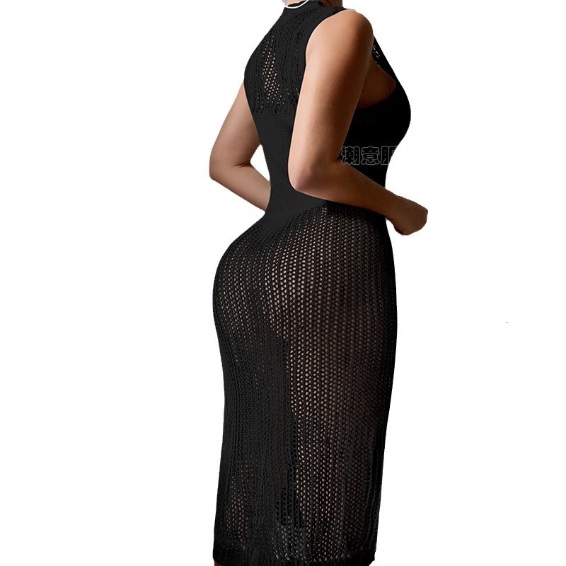 New Vacation Sexy Solid Color Round Neck Woven Texture Split Beach Sunscreen Hoodie Long Dress