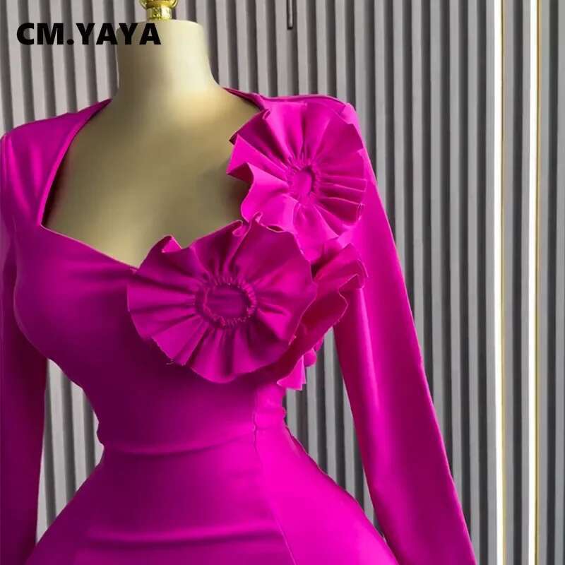 Cm.Yaya Women Strapless Mult 3D Wer Long Sleeve Bodycon Mini Dress Sexy Birthday Evening Night Party Club Vestidos Dresses