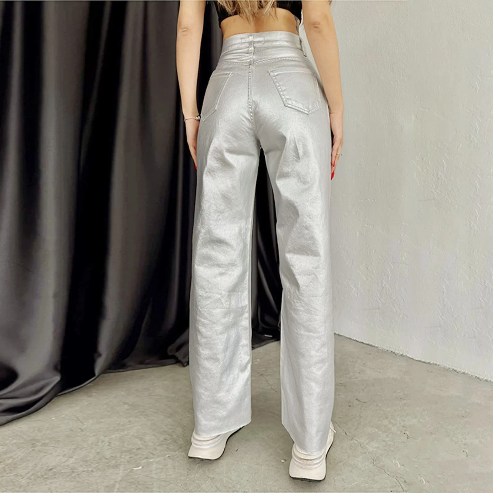 Womens Fashion Gold Silver High Waist Straight Pants Vintage Pockets Elegant Loose Fit Womens Shiny Pants Trousers 250305