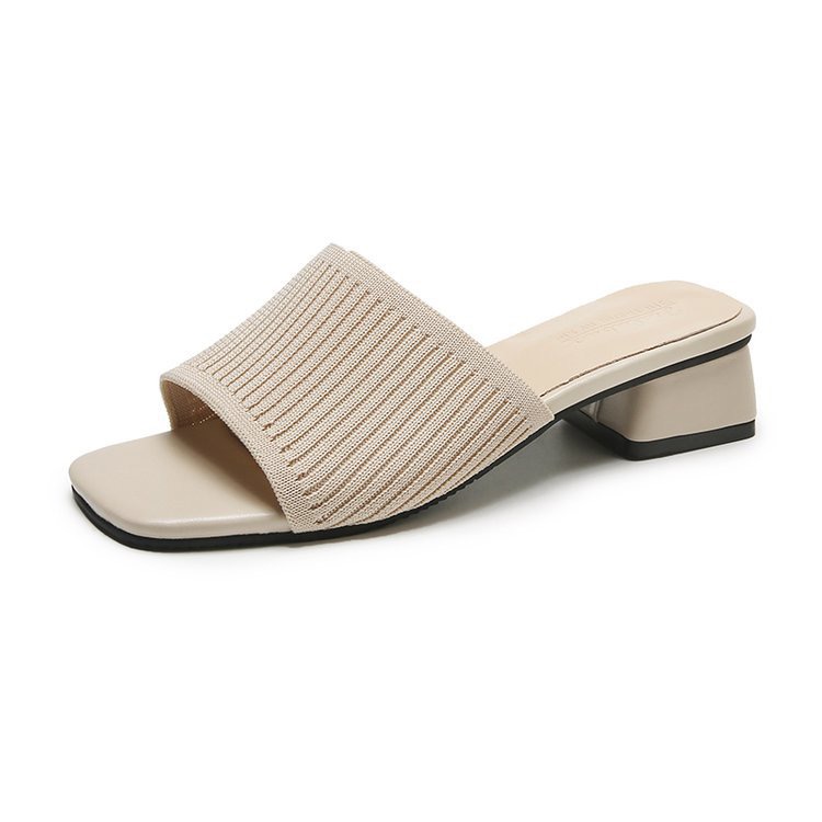 Shoes for Trendy Women Slippers Outdoor Summer Fashion Knitted Stretch Square Heel Open Toe Thick Sandals Huaraches Mujer b553