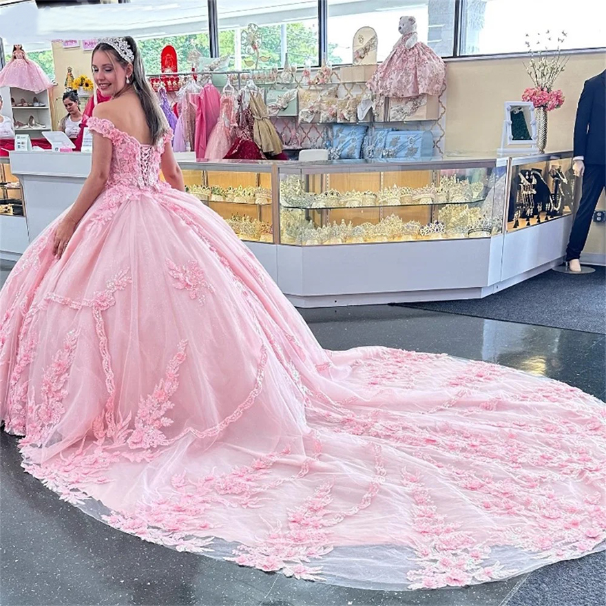 Elegant Sweetheart Shiny Quinceanera Dress Party Gown Pink Princess Lace Appliques Beads Crystal Off The Shoulder For 16 Year