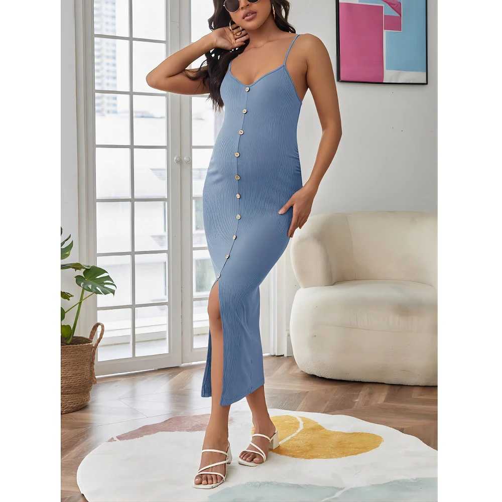 Pregnancy Dresses Maternity Photoshoot Solid Color Clothes Sexy Button-down Split Sleeveless Maternity Womens Dress ClothingT250311