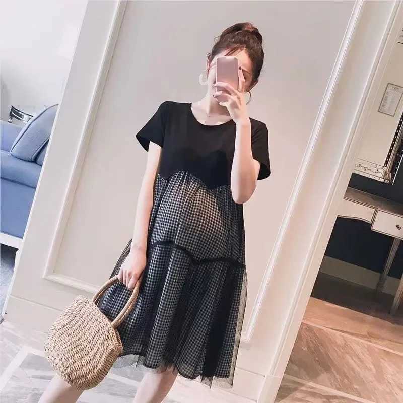 Fashion Maternity Dresses Summer Double Layer With Lace Dress A-line Skirt Loose Short Sleeve Clothes Pregnant Women ClothingT250311
