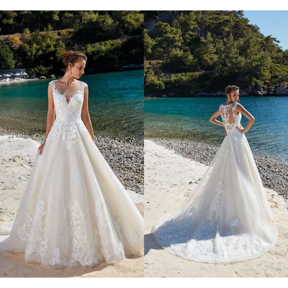 Plus Size Boho Beach Bohemian Dresses Lace Applique Sheer Jewel Neck Illusion Back Wedding Dress Bridal Gowns Vestidos De Novia