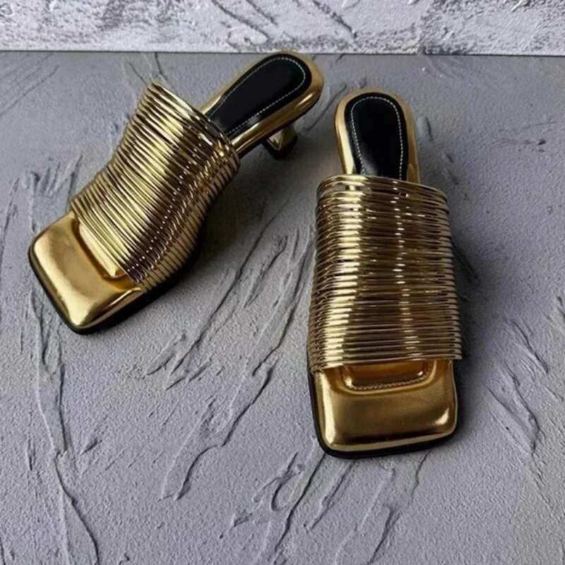 Stiletto Square Toe Summer Shiny Solid Color High Heels Casual Half Slippers Shoes for Women Designer Sandals
