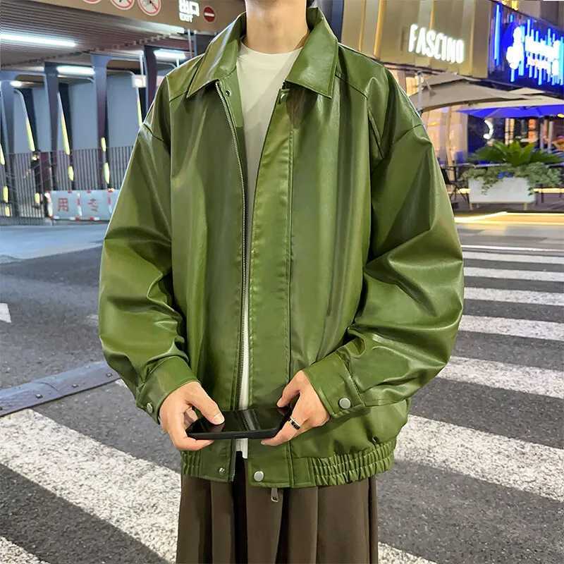 New Mens Faux Leather Jacket Coat Zipper Turn-down Collar Solid Retro Casual Loose Outerwear Man ClothingT250311
