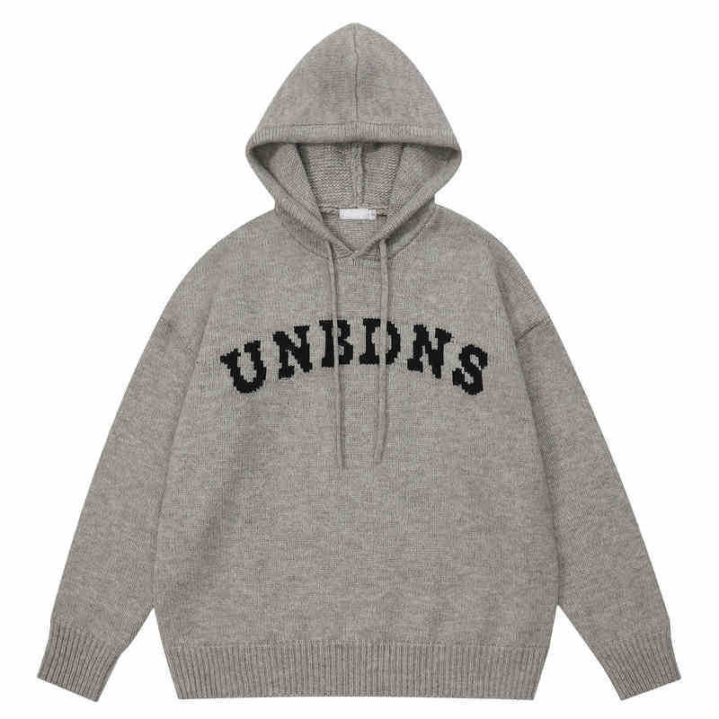 American high street vintage letter knitted sweater mens jacket trendy brand loose and versatile hooded pullover sweatshirt men 241209