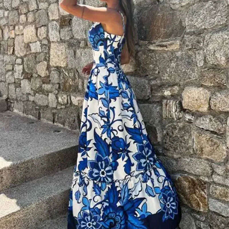 2025 Spring Women's Casual Fashion Printed V-Neck Strap Splicing Split Large Swing Dress KLMY