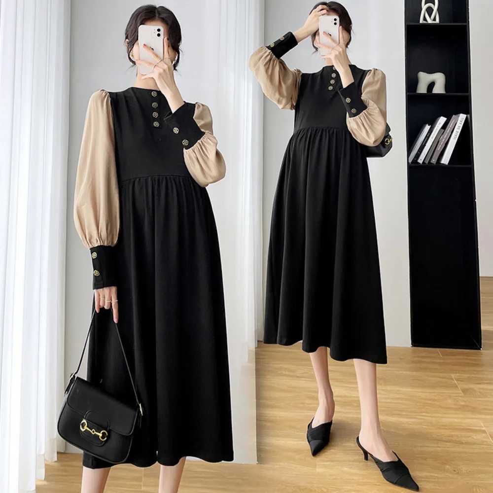 2023 Autumn maternity dress Elegant Fashion Button Dress pregnant women clothing Long Sleeve Patchwork Vestido de fotografiaT250311