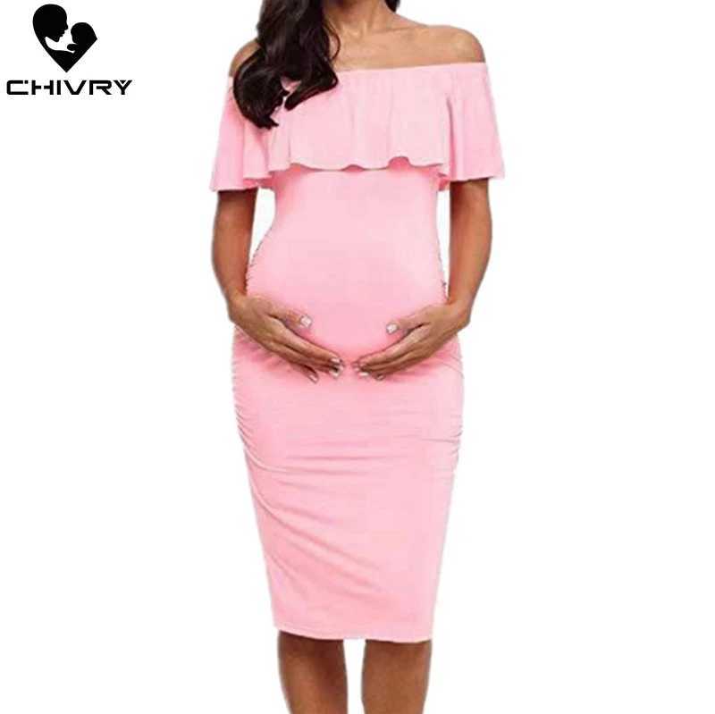 Chivry Pregnant Women Pregnancy Dress Fashion Short Sleeve Slash Neck Solid Ruffles Mom Dress Maternity Clothing Dresses X250224