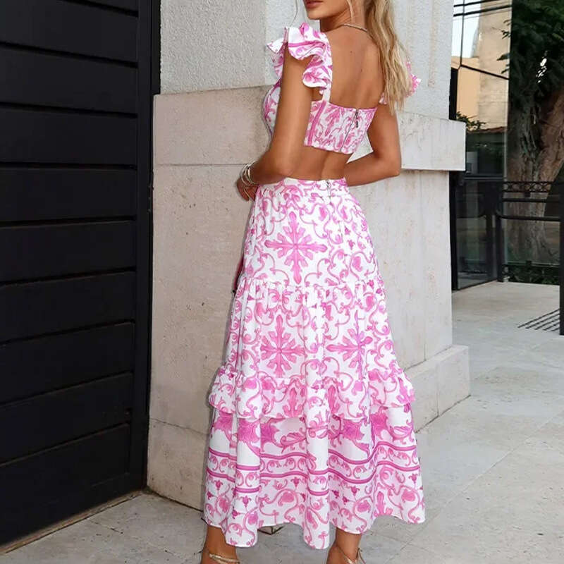 2025 Women's Elegant Flying Sleeve Printed Hollow Waist Dress Female 661 KLMY