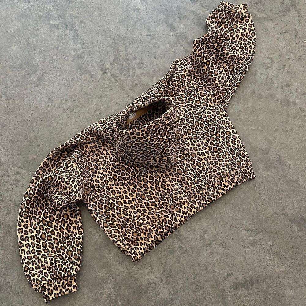 Trendy Brand 2024 Autumn Winter New Product Leopard Print Hooded Sweatshirt Y2k Velvet High Street Zipper Jacket For Men And Women