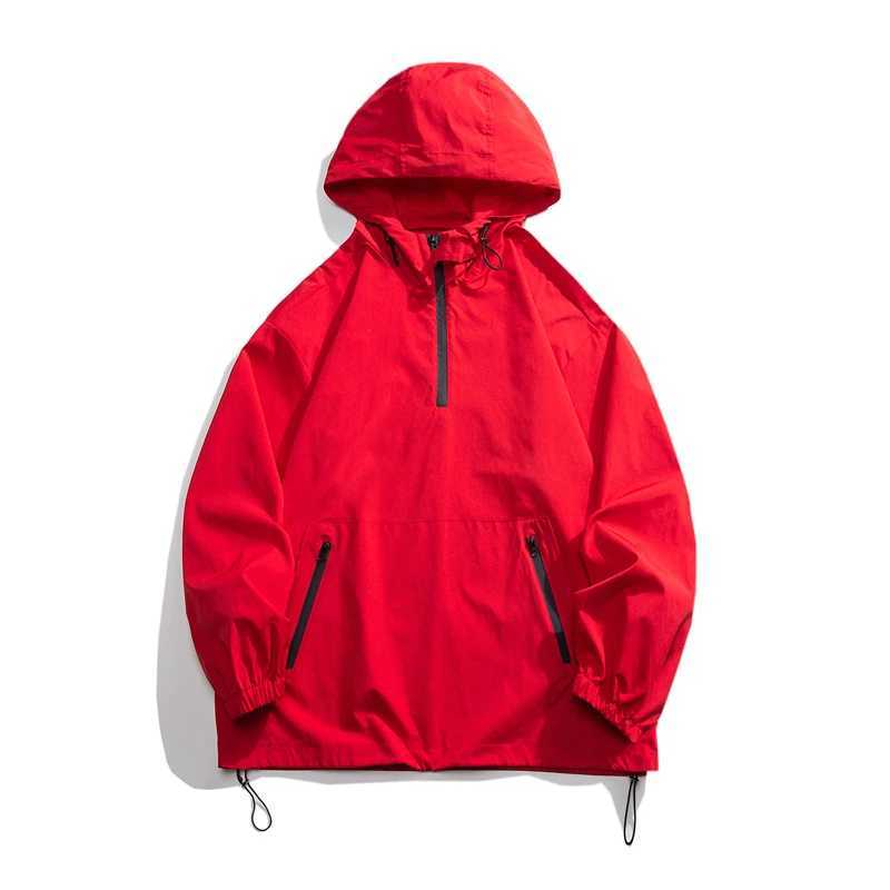 New Fashion Oversized Jackets Men Hooded Windbreaker Red Black White Front Pocket Baggy Streetwear Jogging Pullovers Coat MaleT250311