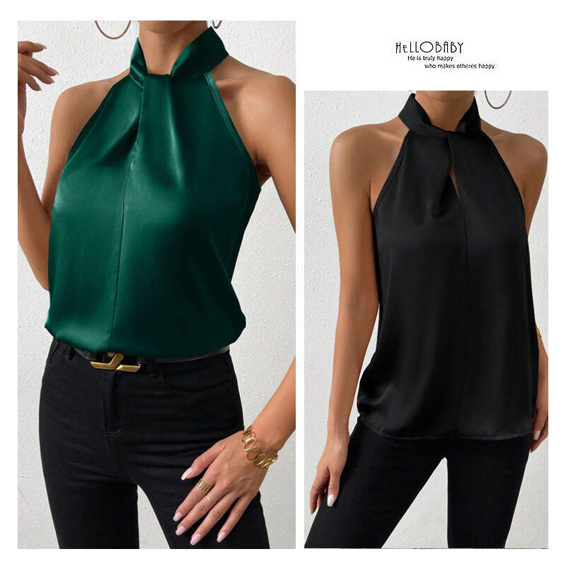 2025 Summer New Womens Colored Ding Hanging Neck Sleeveless Vest Satin Imitation Silk Top Slim Crop Top Casual Casual Slim Streetwear Womens T Shirt C