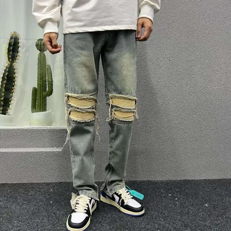 Men s Worn out Jeans For Spring And Summer 2025 Casual And Loose Fashion Designer Korean Zipper Wide Leg Beggar Work Pants Retro Pure Cotton Pants Cas