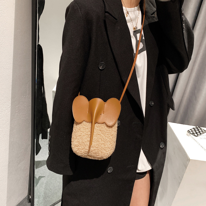 Free Shipping New Designer Bag Lambskin Slanted Body Female Elephant Design Flip Small Square Bag Multifunctional Winter Plush Shoulder Bag