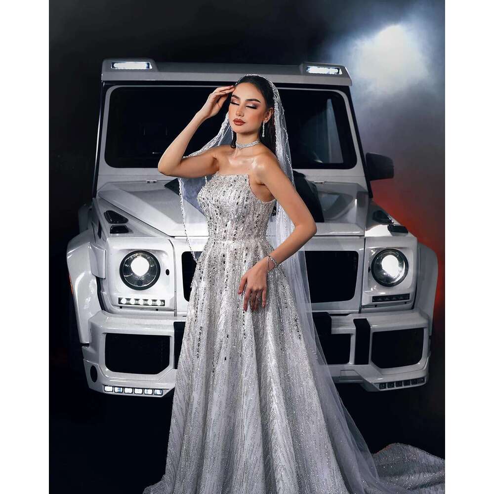 Glitter crystal a ha strapless sexy wedding dresses uoso sequins lace sleeveless custom robe