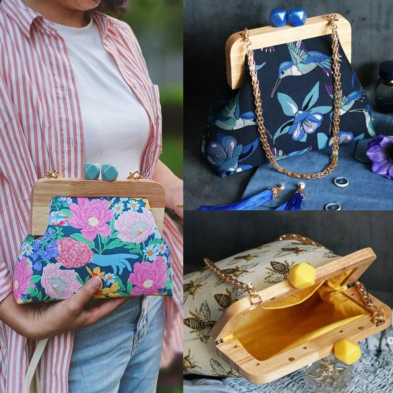 1 Macaron candy colored wallet solid wood handle frame retro messenger bag curled resin head gold DIY 250311