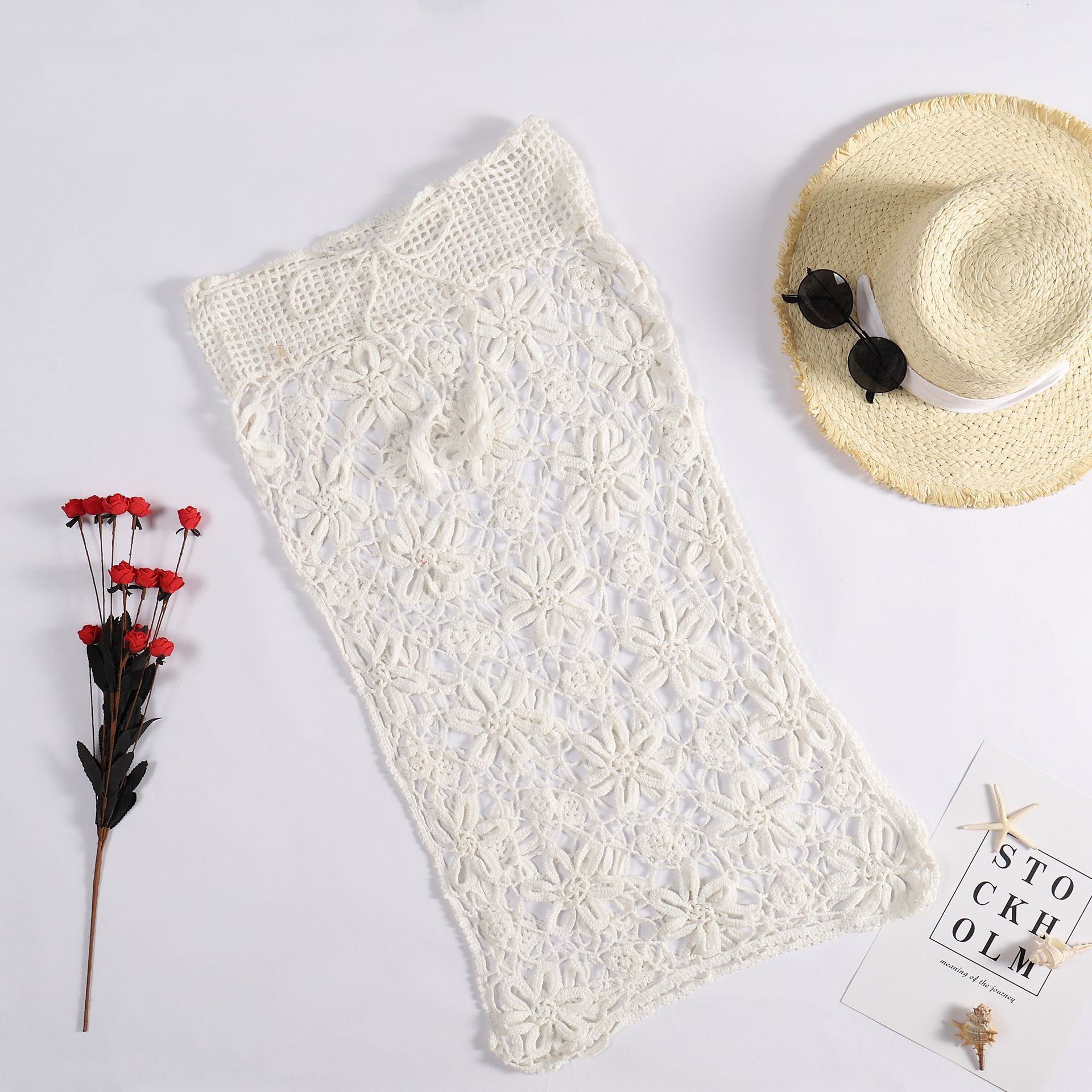 Knitted Women's Vacation Sun Protection Sexy Hollow Out Hand Hook Flower Woven Knee High Beach Skirt