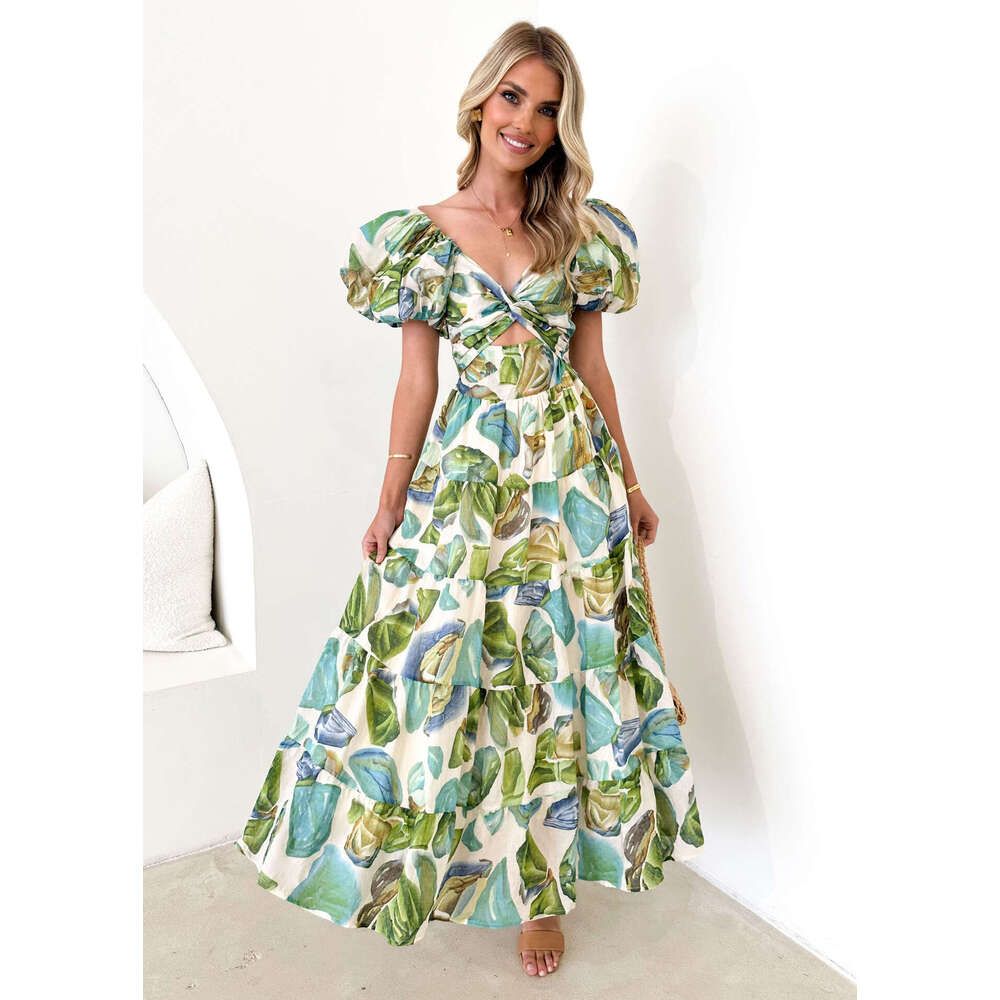 European American Spring/Summer Slimming Printed Bubble Sleeves Large Swing High end Dress for Women 2025 New Style Stylish and Elegant Clothing